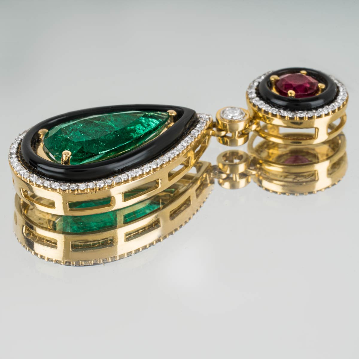 Yellow Gold Emerald, Ruby, Onyx & Diamond Pendant